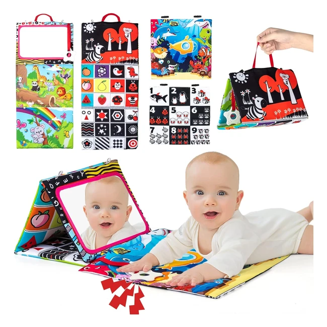 Espejo Bebé Montessori 0-618 Meses con Libro Interactivo | Juguetes Sensoriales Bebé con Mordedor y Patrón de Contraste | Regalo Recién Nacido