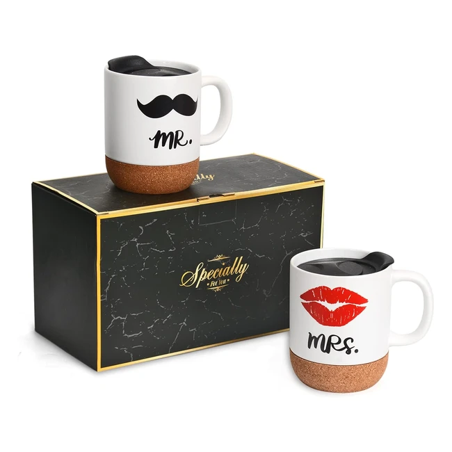 Tasses à café Mr & Mrs avec couvercle et liège - Ensemble tasse couple café pour mariage, anniversaire, Saint-Valentin - Cadeaux de Noël