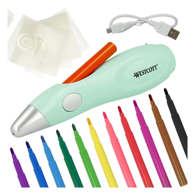 Stylo Aérographe Électrique Westcott - Kit de Feutres Magiques pour Enfants - 12 Feutres & 19 Pochoirs - Batterie et Câble USB - Vert E16800-00