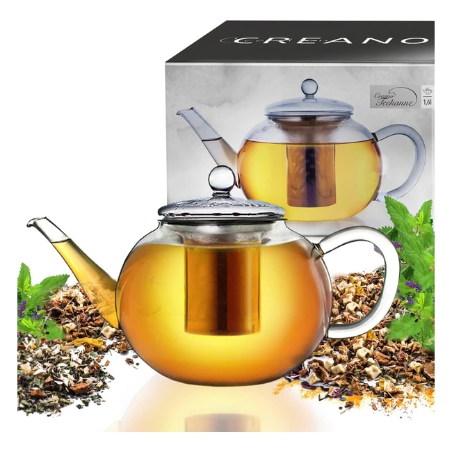 Creano Glass Teapot 1600ml - Stovetop Safe Tea Kettle with Stainless Steel Infuser - Ideal for Loose Teas