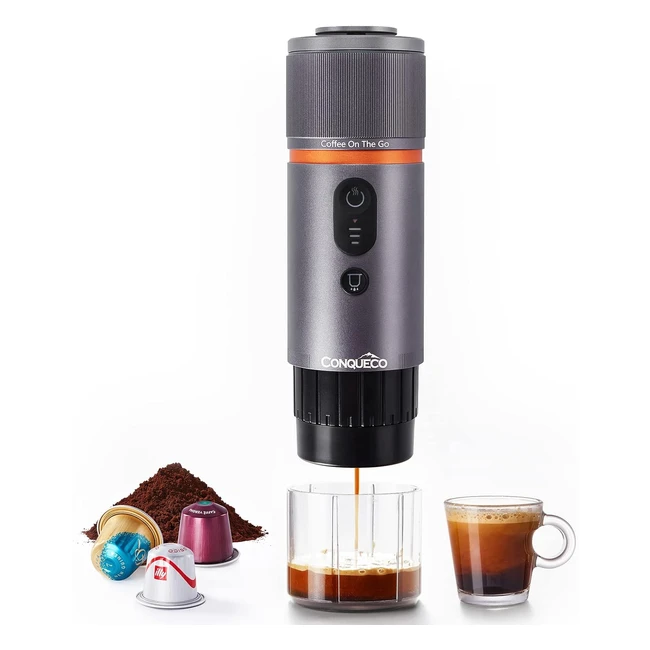 Conqueco Portable Coffee Machine Travel 12V Car Espresso Maker - Fast Heating, Rechargeable USB - Silver