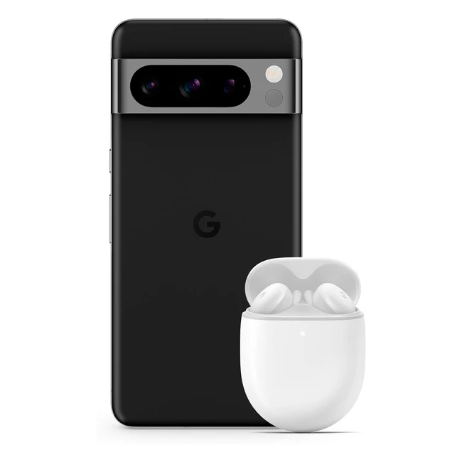 Google Pixel 8 Pro Android Smartphone, ohne Simlock, mit Teleobjektiv, Obsidian, 128GB, Pixel Buds A-Series, kabellose Kopfhörer, Clearly White