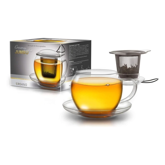 Creano Glass Jumbo 450ml Teacup with Stainless Steel Filter, Saucer, and Lid