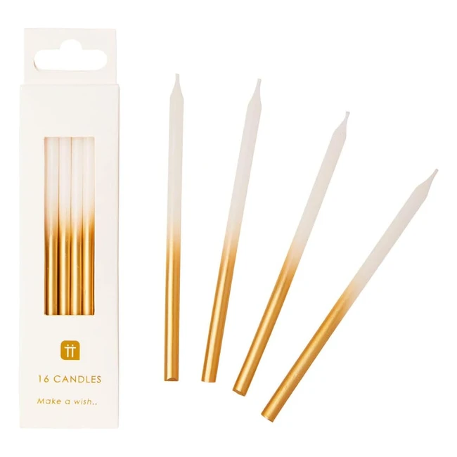 Bougies d'anniversaire Talking Tables avec supports pour décoration de gâteau - 10cm - Paquet de 16 - Blanc et or
