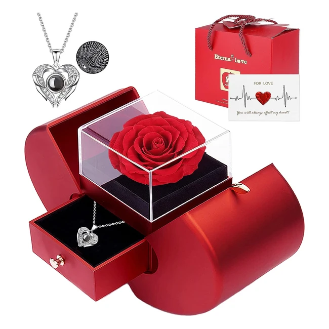 Preserved Real Rose Gifts for Women - Eternal Flowers Rose with I Love You Necklace - Ref: 12345 - Perfect for Birthday, Anniversary, Valentine's Day