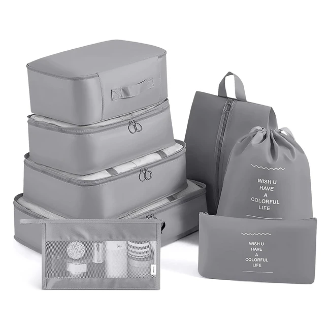 Ensemble de voyage Cooyou 8en1 - Organisateur de rangement pour valise compressible - Sac de rangement imperméable - Transport facile - Gris