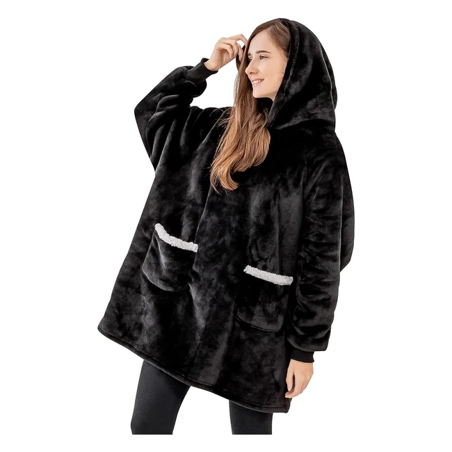 Aisbo Sherpa Fleece Blanket Hoodie Women - Warm & Cozy - Black - 112x94cm
