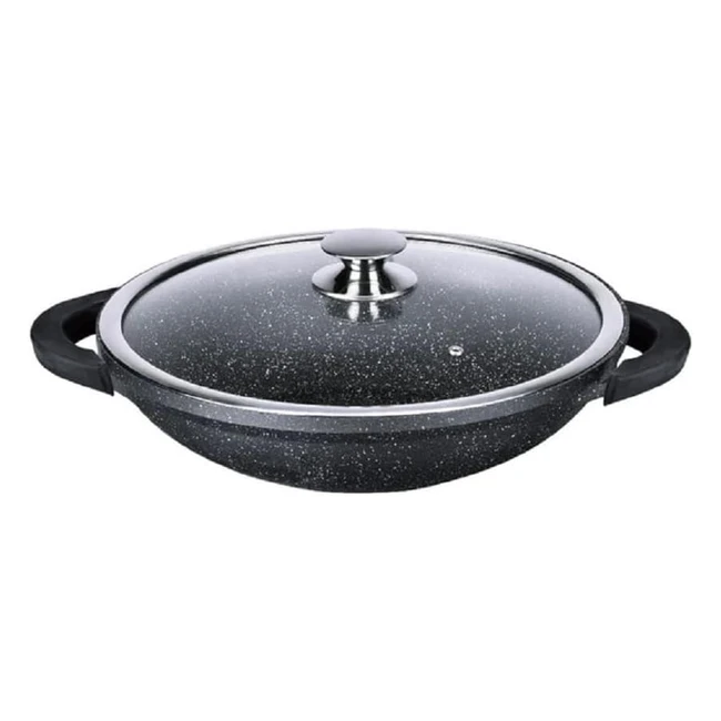 Wok Kamberg 36 cm - Ghisa di Alluminio - Rivestimento Antiaderente - Pietra - Coperchio in Vetro - Tutti Fornelli - Induzione - Senza PFOA