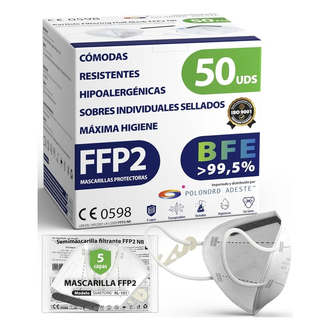 Pack 50 Mascarillas FFP2 Blancas - Certificado CE - Elásticos Cómodos - Hipoalergénicas - Regulables