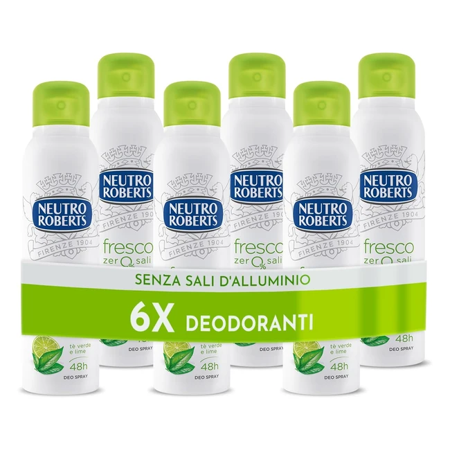 Deodorante Spray Neutro Roberts Fresco Verde con Tè Verde e Lime - Zero Sali di Alluminio - 6 Flaconi da 150 ml