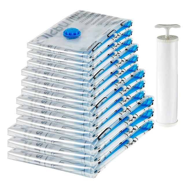 Amazon Basics Vakuum-Kompressions-Aufbewahrungstaschen mit Handpumpe, 12er-Pack, 3 x Jumbo, 3 x Groß, 3 x Medium, 3 x Klein