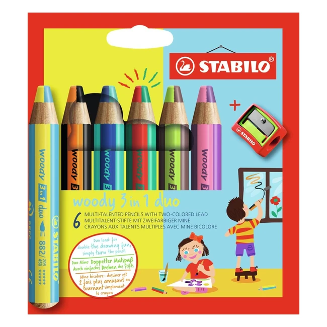 Crayon de couleur Stabilo Woody 3in1 Duo - Etui carton x 6 crayons - Mine bicolo