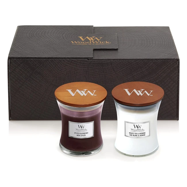 Woodwick Duftkerzen Geschenkset - Weißer Tee & Jasmin, Gewürzte Brombeere - Brenndauer 60 Stunden - 2 Stück