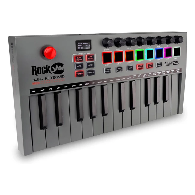 Rockjam GO 25 Key USB Bluetooth MIDI Keyboard Controller mit 8 beleuchteten Drum Pads und 8 Knöpfen