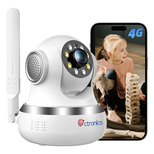 Caméra IP Surveillance Intérieure Ctronics 3G/4G LTE avec Carte SIM 360 PTZ Sans Fil Vision Nocturne Couleur Détection Humaine/Mouvement Suivi Automatique Audio Bidirectionnel