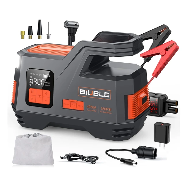 Booster Batterie 4250A Compresseur d'Air 150psi avec Gonflage Rapide - Voiture 12V - Démarreur de Voiture - Banque d'Alimentation avec LED 400 Lumens