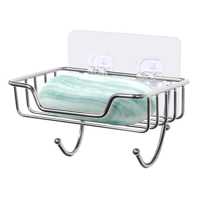 Stainless Steel Soap Dish Holder - Adhesive with Hook - Strong Grip - Bathroom, Shower, Kitchen