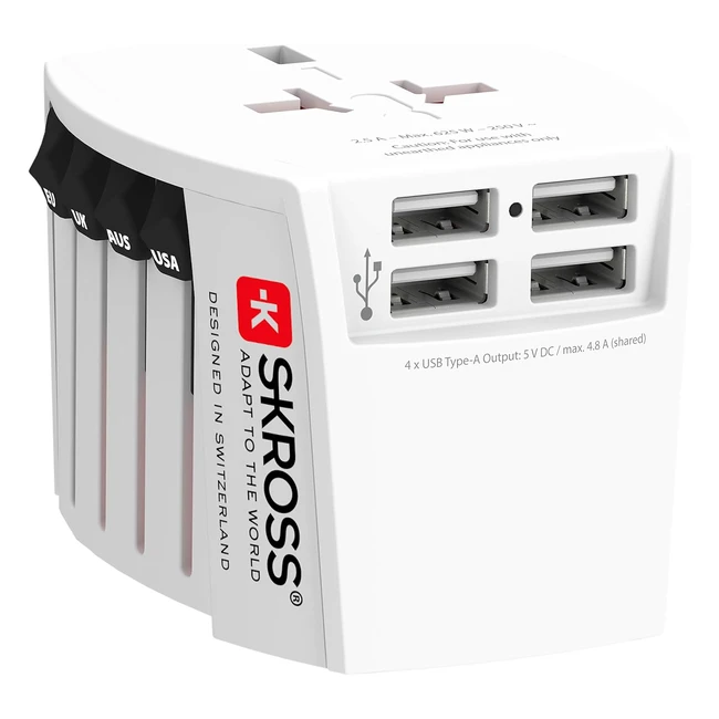 Adaptateur de voyage universel antichoc pour enfants - Skross 1302961 - 2 pôles + 4 ports USB TypeA - 48A - 100V à 250W250V à 625W