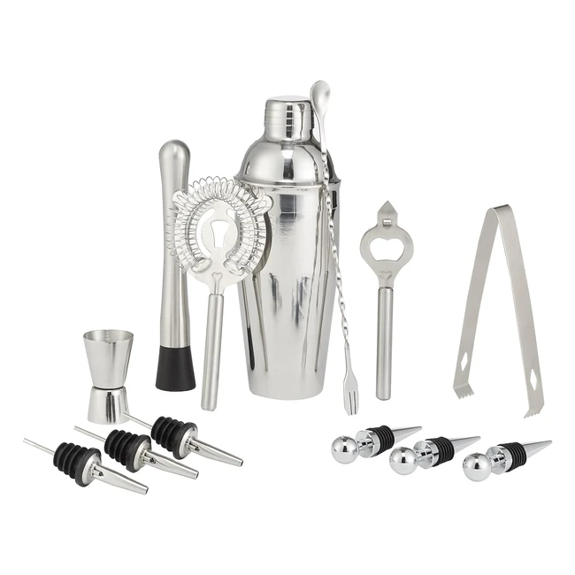 Amazon Basics 13-Piece Stainless Steel Bar Tools Set with Shaker, Jigger, Muddler - Ref. 710ml