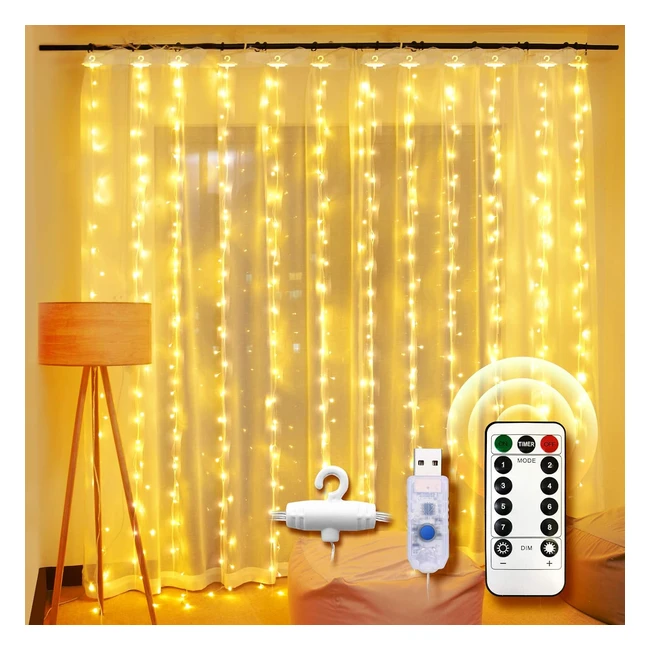Guirlande Lumineuse Rideau 3m x 3m 300 LED 8 Modes USB Blanc Chaud