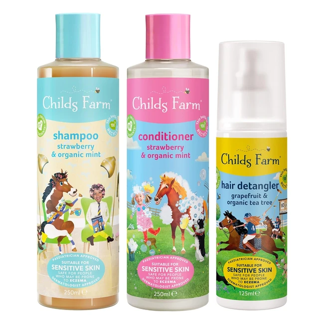 Childs Farm Kids Hair Regime Bundle - Strawberry Organic Mint Shampoo & Conditioner, Grapefruit Tea Tree Detangler - 3 Piece Set