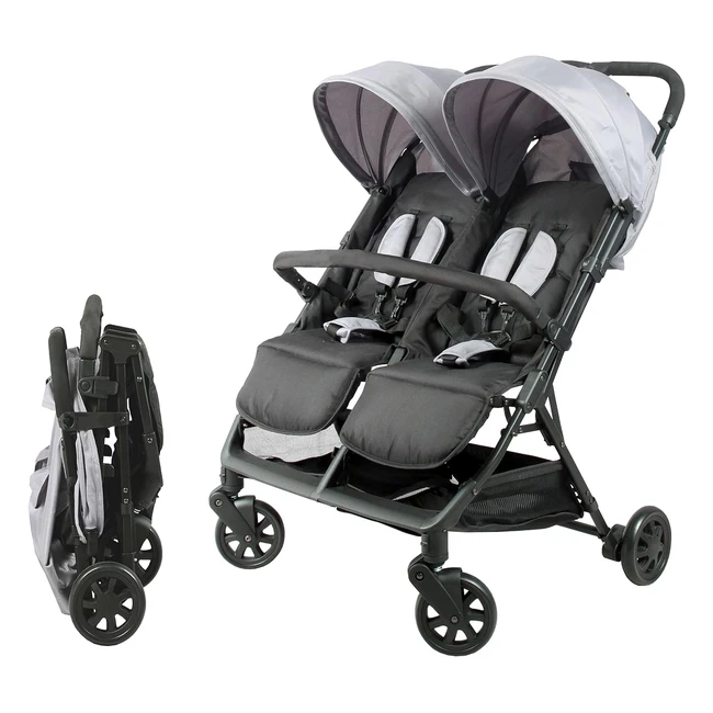 Poussette Double Bambisol, Confort et Compacité, Pour Jumeaux dès la Naissance, Noir Gris