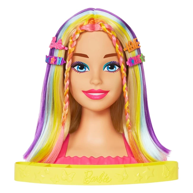Barbie Doll Deluxe Styling Head - Color Reveal Accessories - Straight Blonde Neon Rainbow Hair - HMD78