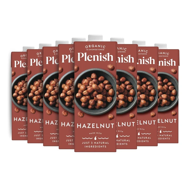 Plenish Organic Unsweetened Hazelnut Milk 8 x 1L - Natural Flavor, Healthy Choice