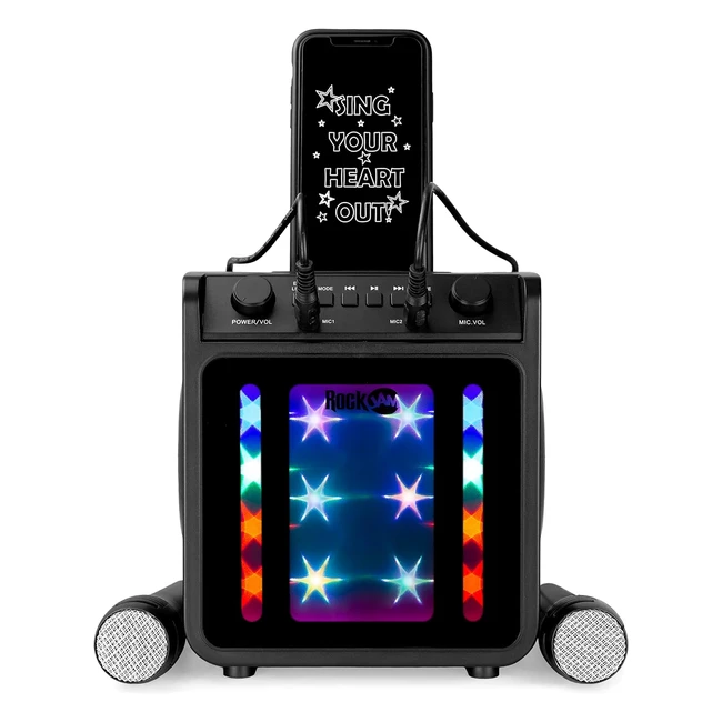 RockJam 10W Rechargeable Bluetooth Karaoke Machine with 2 Microphones - Voice Changing Effects & LED Lights