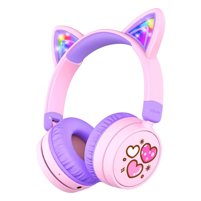 Casque audio enfant iClever 60h autonomie oreille de chat LED volume sécurisé 7485dBa BT 5.3 chargeur type C sans fil avec micro