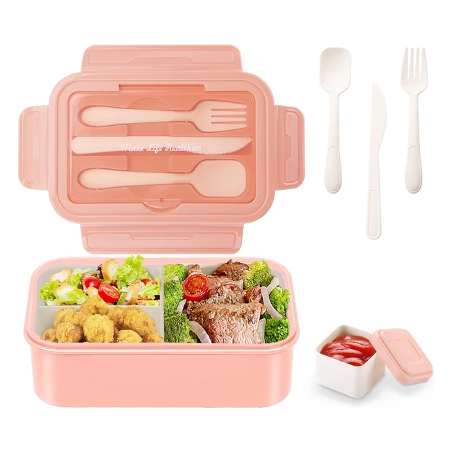 Luzoon Bento Lunch Box 1400ml - 3 Scomparti - Posate - Rosa