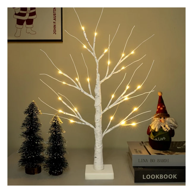 Zemu Christmas Twig Tree with Lights 2ft - White Birch Tree Decorations with 24 Warm White LEDs - Battery and USB Powered - Small Mini Xmas Ornament