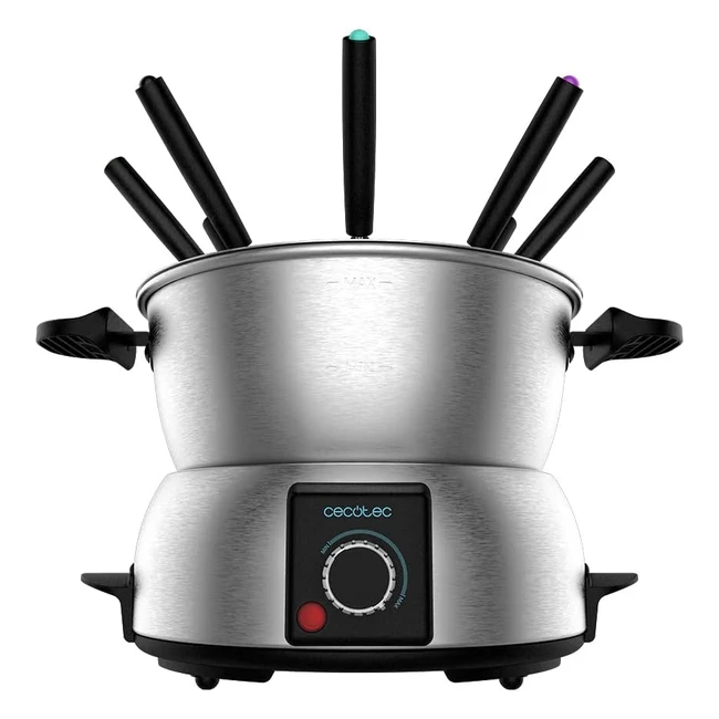 Fondue électrique Fun Gourmet Cecotec 1000W en acier inoxydable avec thermostat ajustable - Utilisable avec fromage, chocolat et huile - 8 fourchettes incluses