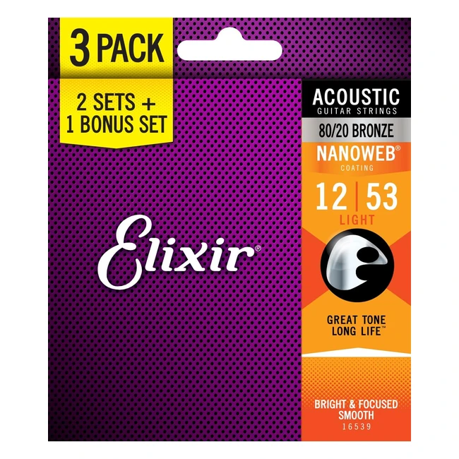 Elixir Strings 16539 Acoustic Guitar Strings - Set of 3 - 8020 Bronze with Nanow