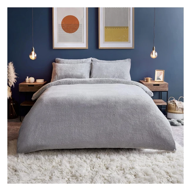 Silentnight Teddy Fleece Duvet Set - Warm & Cosy - Double - Silver Grey