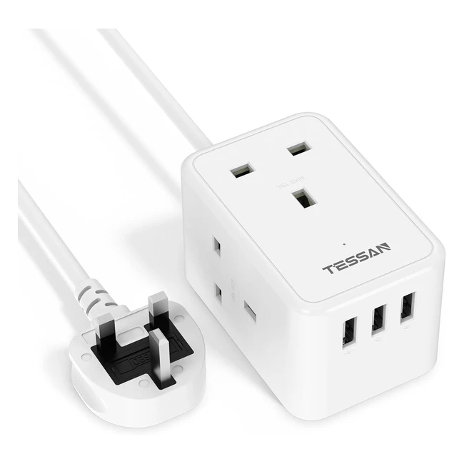 Compact Travel Extension Lead 15m - TESSAN 3 Way Multi Plug Socket with 3 USB Slots - Wall Mount Cube Power Strip 13A 3250W - Home Office School Supplies