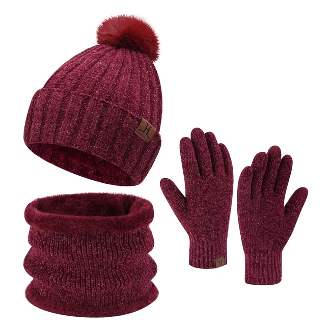 Zasfou Women's Winter Beanie Hats Scarf Neck Warmer Touchscreen Gloves Set