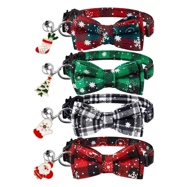 Extodry 4 Pack Christmas Cat Collars - Quick Release with Bow Tie and Bell - Adjustable Kitten Collar - Pet Supplies