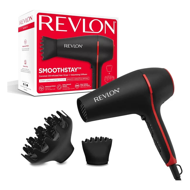 Revlon SmoothStay Coconut Oil-Infused Hair Dryer 2000W - 2 Accessories for Styling Versatility