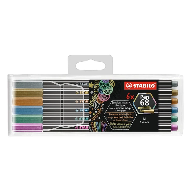 Premium Metallic Fibretip Pen - Stabilo Pen 68 Metallic - Pack of 6 - Assorted Colours