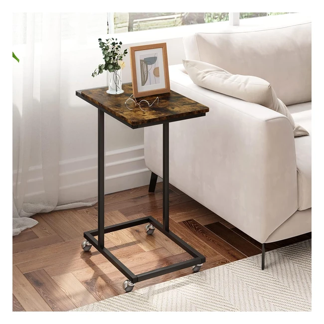 Novilla Sofa Side Table - Industrial Style Metal Frame - Small Coffee Table with 4 Wheels and Handles - Rustic Brown