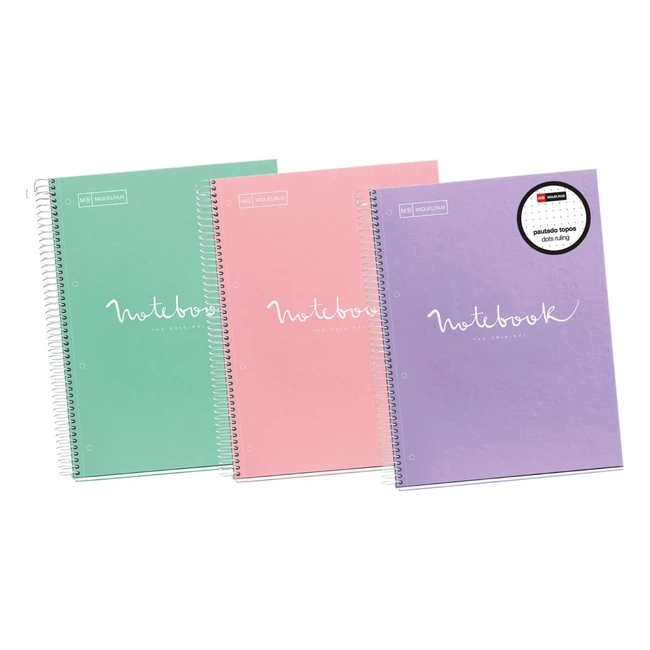 Pack 3 Cuadernos Miquelrius Emotions A4 - 80 Hojas - Rayado Punteado - Espiral - Colores Pasteles