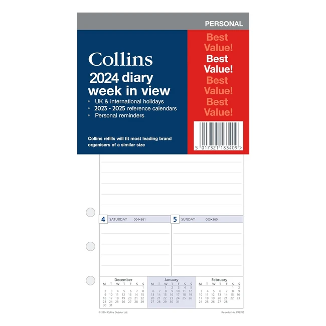 Collins 2024 Dayplanner Organiser Diary Refill Pad - Personal Week to View