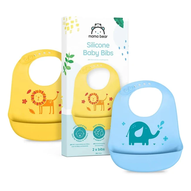 Mama Bear Silicone Bibs - Pack of 2 - Stain Resistant & Waterproof