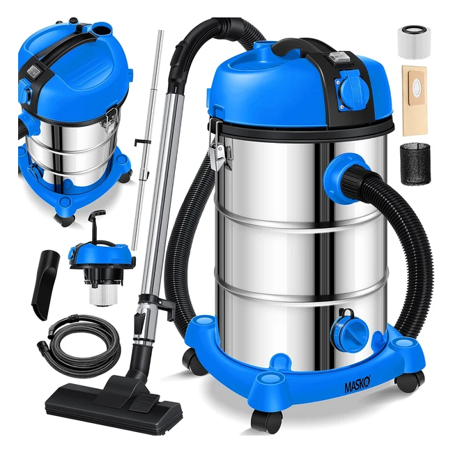 Masko Industriestaubsauger Edelstahl 2300 W mit Steckdose und Blasfunktion