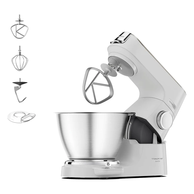 Kenwood Titanium Chef Baker KVC65001WH Küchenmaschine mit integrierter Waage 1200 Watt inklusive 3-teiliges Patisserie-Set Spatel Spritzschutz Weiß