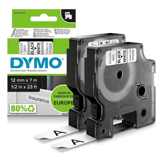 Dymo Authentic D1 Labels - Black Print on White - 12mm x 7m - Self-adhesive - 2 Count