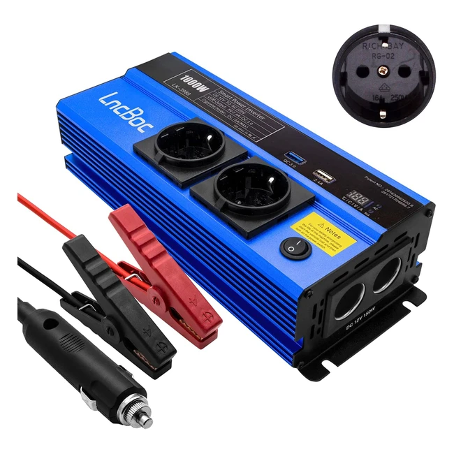 Inverter 12v 220v 1000w Lncboc - Caricatore per Auto, 2 Prese di Alimentazione, 2 Porte USB, Caricabatterie Rapido