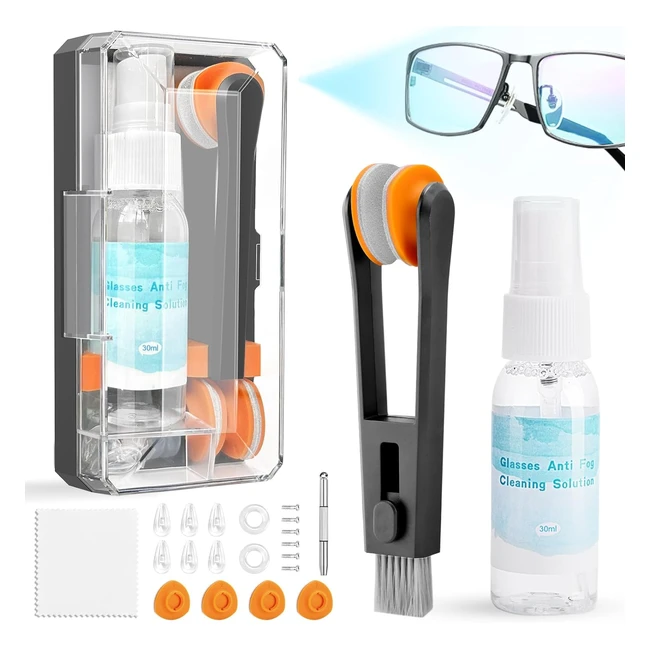 Kit de nettoyant lunettes de vue avec spray anti buée chiffon microfibre coussinets anti glisse protection nez réparation vis brosse nettoyage accessoires lunette de soleil ski natation caméra noir