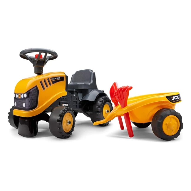 Falk 215C JCB Letras Baby Trailer Rake & Shovel - Outdoor Ride On Tractor for Kids (Ages 12 Months) - Yellow